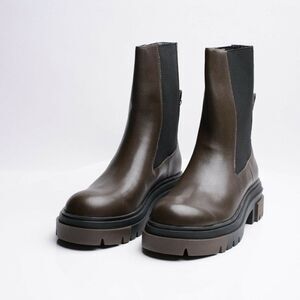 Zara Womens Chelsea Khaki Leather Ankle Boots Lug Soles EU 41 US 10 1176/810 New